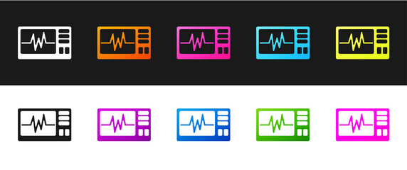 Set Computer monitor with cardiogram icon isolated on black and white background. Monitoring icon. ECG monitor with heart beat hand drawn. Vector