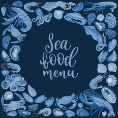 Seafood poster. Decorative frame with shrimps, lobsters, salmon, mussels, crabs, scallops, oysters and baby octopuses.