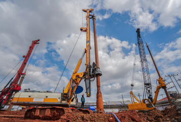 Industrial drilling rig machinery on building construction site.Drilling vehicle construction...