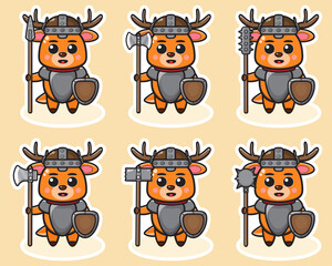 Vector illustration of cute Little Deer Knight with big weapon set. Cute Little Deer expression character design bundle. Good for icon, logo, label, sticker, clipart.