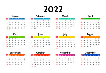 Calendar for 2022 isolated on a white