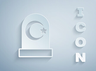 Paper cut Muslim cemetery icon isolated on grey background. Islamic gravestone. Paper art style. Vector