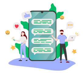 Young people are standing near by a huge smartphone and using own smartphones with social media elements and emoji icons on the background. Friends chatting and texting. Vector illustration