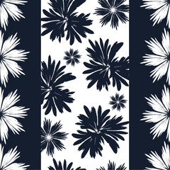 Hand-drawn seamless pattern with floral print. Abstract black and white daisies on striped background. Vector pattern for printing on fabric, gift wrapping, covers, wallpapers.