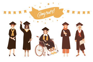 Group of multi ethnic and disabled graduate students. Happy diverse people holding certificates. Afro american, muslim, asian, girl in wheelchair. Congrats hand written text and flags garland décor