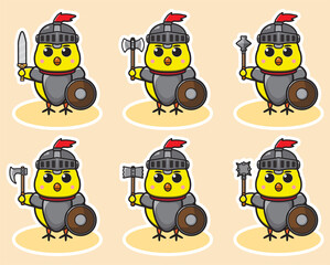 Vector illustration of cute Little Chicken Knight cartoon set. Cute Little Chicken expression character design bundle. Good for icon, logo, label, sticker, clipart.