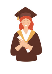 Graduate student portrait. Happy smiling woman holding certificate in her hands. Female character in academic mantle and mortar board. Vector flat cartoon illustration.