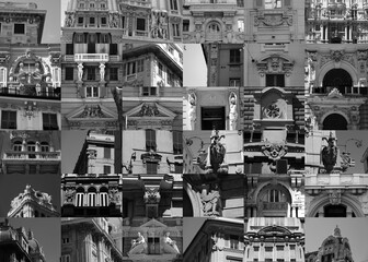Una passeggiata a Genova guardando palazzi con bellissimi bassorilievi gargoil statue ed altri fregi decorativi. Mosaico di 36 foto in una per uno sguardo d'insieme.