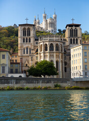 Fototapeta premium French town Lyon at riverside Saone in France, view with buildings and river