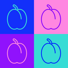 Pop art line Plum fruit icon isolated on color background. Vector