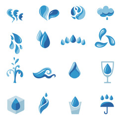 Fototapeta premium Stylized water and splash. Set with different abstract blue emblems. Modern logotypes and symbols for your design projects. Flat style.