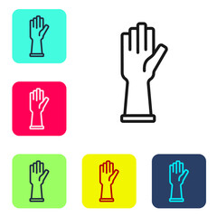 Fototapeta premium Black line Medical rubber gloves icon isolated on white background. Protective rubber gloves. Set icons in color square buttons. Vector
