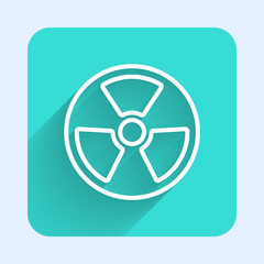 White line Radioactive icon isolated with long shadow. Radioactive toxic symbol. Radiation Hazard sign. Green square button. Vector
