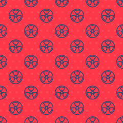 Blue line Radioactive icon isolated seamless pattern on red background. Radioactive toxic symbol. Radiation Hazard sign. Vector