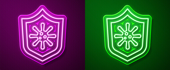 Glowing neon line Shield protecting from virus, germs and bacteria icon isolated on purple and green background. Immune system concept. Corona virus 2019-nCoV. Vector