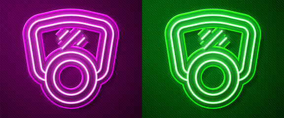 Glowing neon line Gas mask icon isolated on purple and green background. Respirator sign. Vector