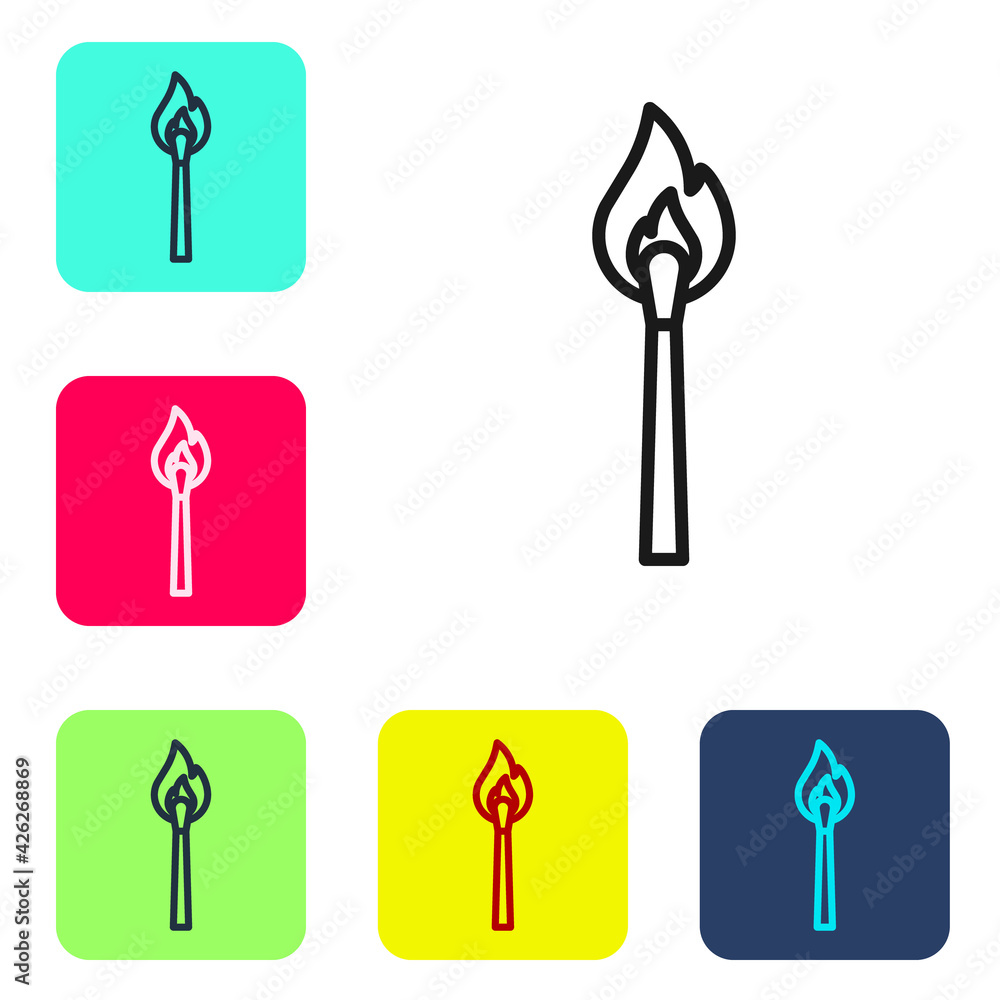 Poster black line burning match with fire icon isolated on white background. match with fire. matches sign.