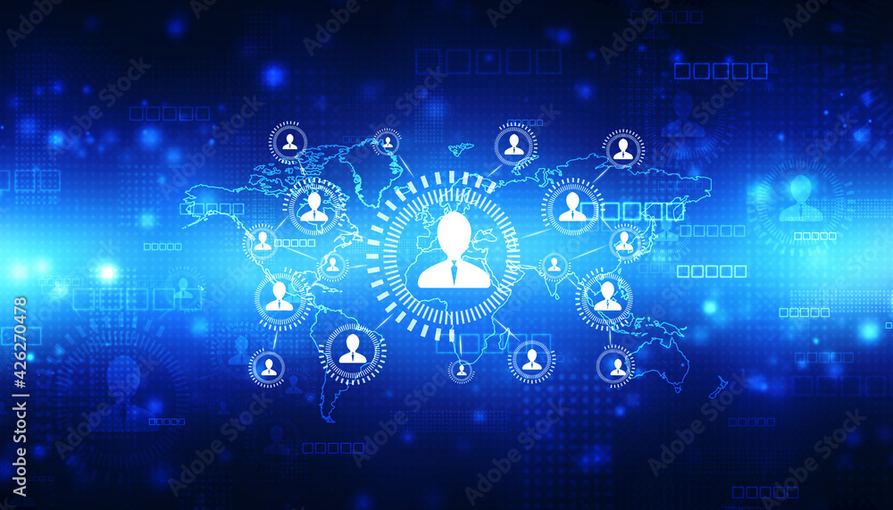 Poster concept of business network interface on world map technology background, global business network, i