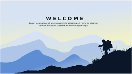 Fototapeta na wymiar Vector background with tourists. Travel concept of discovering, exploring and observing nature. Hiking. Travelers climb with backpack and travel walking sticks. Website template. Flat landscape