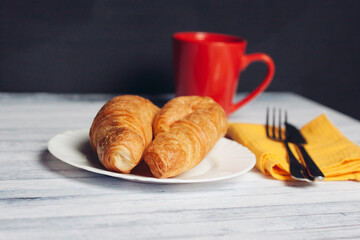 fresh croissants serving table breakfast dessert coffee