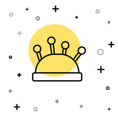 Black line Needle bed and needles icon isolated on white background. Handmade and sewing theme. Random dynamic shapes. Vector