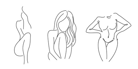 Woman Body One Line Drawing Set. Creative Contemporary Abstract Line Drawing. Beauty Fashion Female Naked Figure. Vector Minimalist Design for Wall Art, Print, Card, Poster.