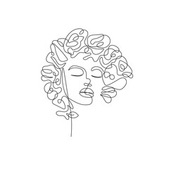 Woman Head with Flowers Line Vector Drawing. Style Template with Female Face with Flowers. Modern Minimalist Simple Linear Style. Beauty Fashion Design
