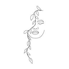 Woman Face with Leaves One Line Drawing. Continuous Line Woman and Leaves. Abstract Contemporary Design Template for Covers, t-Shirt Print, Postcard, Banner etc. Vector EPS 10.