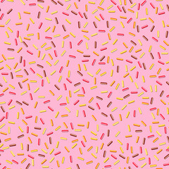 Seamless pattern with candy donut glaze on color background. 3d realistic food pattern, cake, sugar sweet texture. Template modern design for poster, card, fabric, textile. Vector illustration