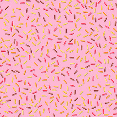 Seamless pattern with candy donut glaze on color background. 3d realistic food pattern, cake, sugar sweet texture. Template modern design for poster, card, fabric, textile. Vector illustration