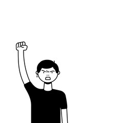 A man protests with a raised up fist, screaming angrily. LGBTQ male protester or activist. Design for square banner or placard with copy space. Vector flat illustration.