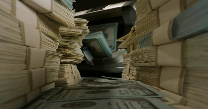 Close up shot of packs of US dollar bills lying around with cash counting machine working on background. Cash flow, business and financing 4k footage