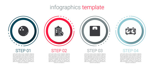 Set Bowling ball, Checklist clipboard and tennis, Bathroom scales and Time chess clock. Business infographic template. Vector