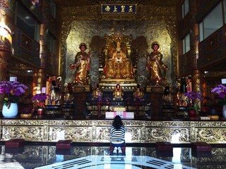 Close-up of Tai Chi pattern in Taiwanese temple, exorcism on the floor 