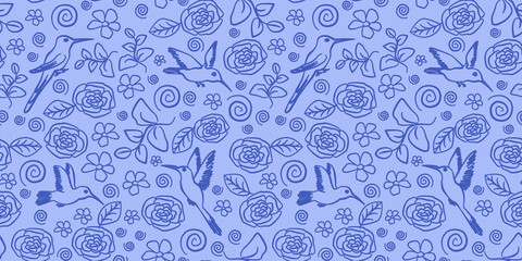 Seamles pattern digitalpaper textile packaging. Background hummingbird blue outline