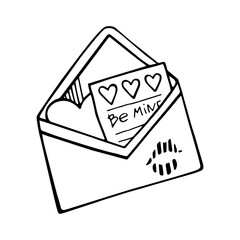 An open love letter. Message. The inscription Be mine, hearts, kiss with lipstick. Cute hand-drawn vector illustration in doodle style. A declaration of love. For Valentine's Day-stickers, postcards.