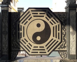 A close-up of the image of Tai Chi patterns in a Taiwanese temple in the sunset, exorcism on the floor