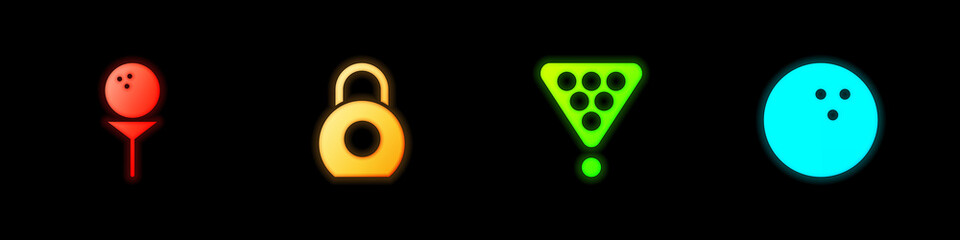 Set Golf ball on tee, Kettlebell, Billiard balls in rack triangle and Bowling icon. Vector