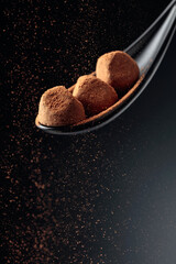 Chocolate candy truffle and flying cocoa powder on a dark background.