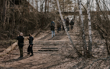 Steps up to derelict Pripyat Cafe in Chernobyl.