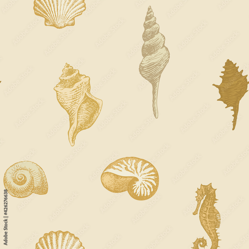Poster seamless pattern with beautiful hand-drawn seashells of various shapes. vector illustration in beige