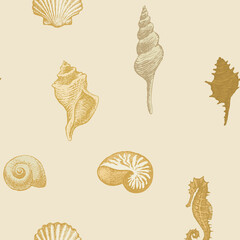 Seamless pattern with beautiful hand-drawn seashells of various shapes. Vector illustration in beige colors in retro style. Pencil drawings of shells and seahorse on an old paper background