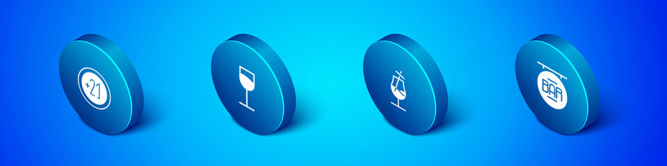 Set Isometric Alcohol 21 plus, Cocktail, Street signboard with Bar and Wine glass icon. Vector