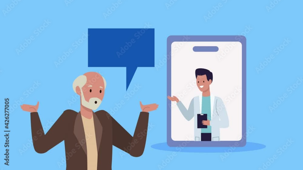 Sticker old man talking with doctor in telemedicine