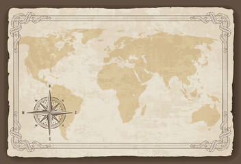 Old map frame with retro nautical compass on old paper texture. Hand drawn antique nautical old vector background. Wind rose for sea marine navigation. Vintage marine theme in vector