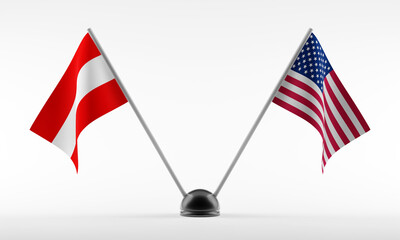 Stand with two national flags. Flags of Austria and USA. Isolated on a white background. 3d rendering