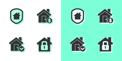 Set House under protection, , with check mark and dollar symbol icon. Vector