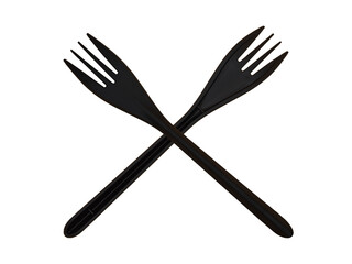 Two disposable black plastic forks isolated on a white background in the form of a sign. The concept of harm to nature.