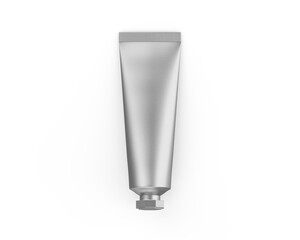 Silver metallic cosmetic tube mockup template on isolated white background, metallic cosmetic cream gel mock up, 3d illustration