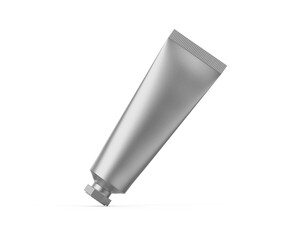 Silver metallic cosmetic tube mockup template on isolated white background, metallic cosmetic cream gel mock up, 3d illustration